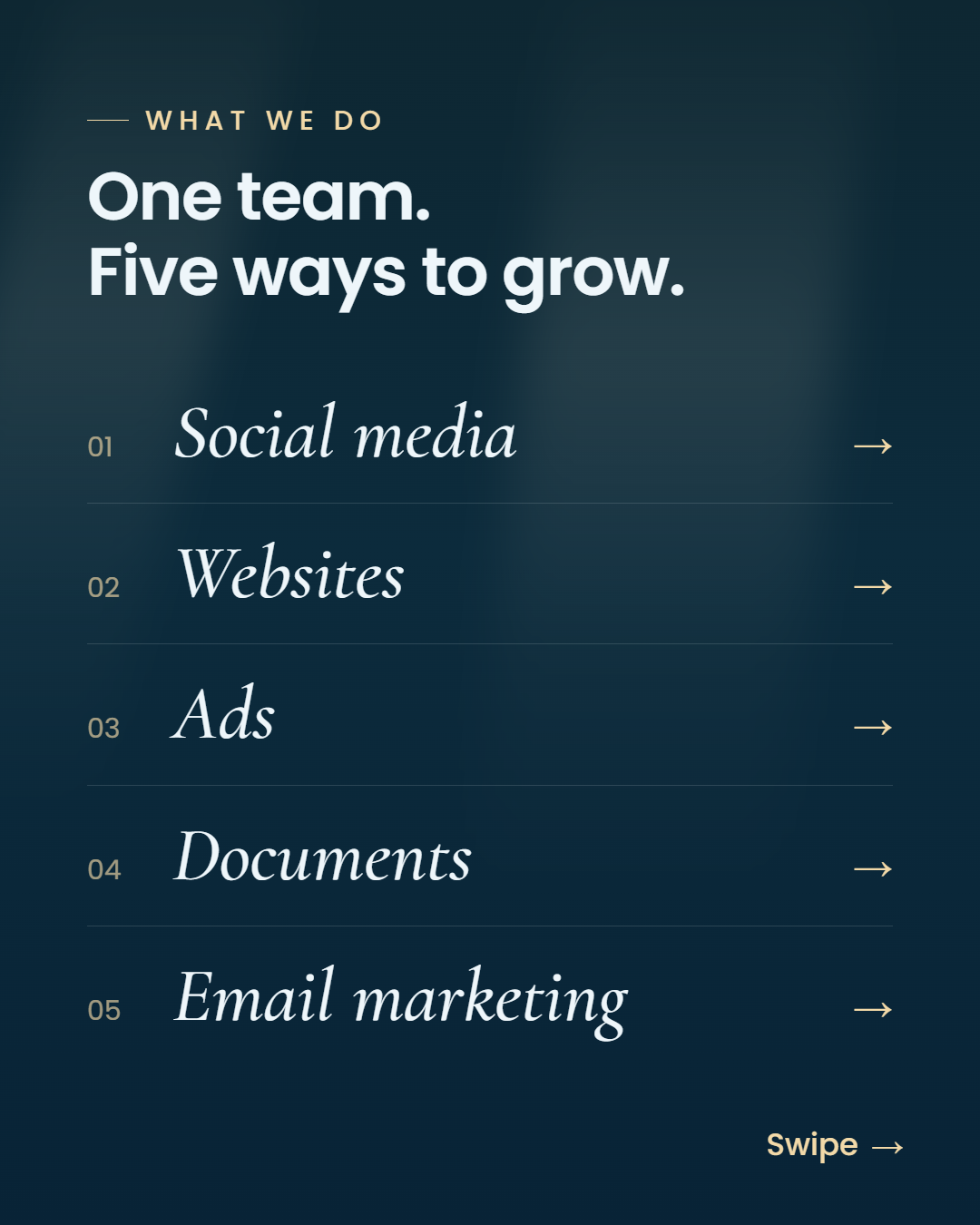 Carousel slide 2 — One team, five ways to grow