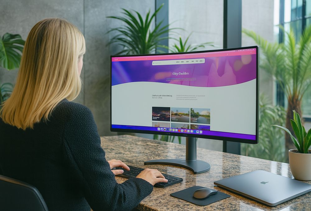 A woman working at a desk in a modern office, focused on a computer screen. There are several green potted plants around her, and glass walls in the background.