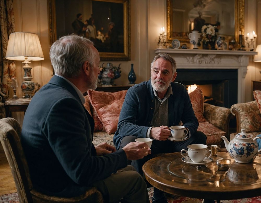 Two people having tea and chatting in a cosy, traditional living room.