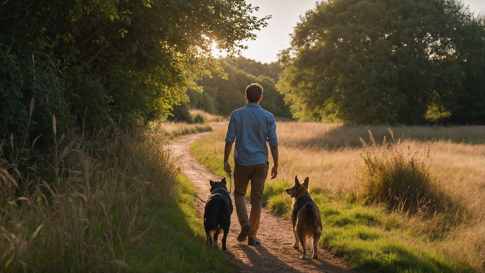 Man walking along a country path with two dogs during sunset.