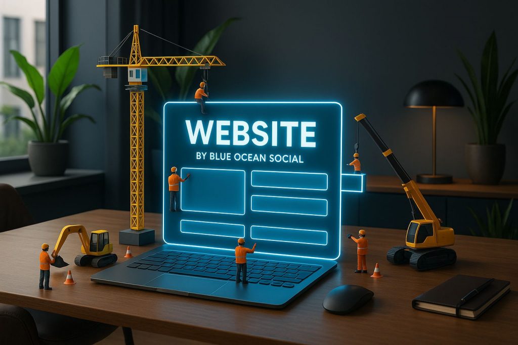 A digital illustration showing a website being built, with miniature construction workers and machinery assembling a glowing 3D website interface on a desk. The text on the website reads "WEBSITE by Blue Ocean Social". Cranes and workers are shown placing parts of the website design, symbolising the process of web development.