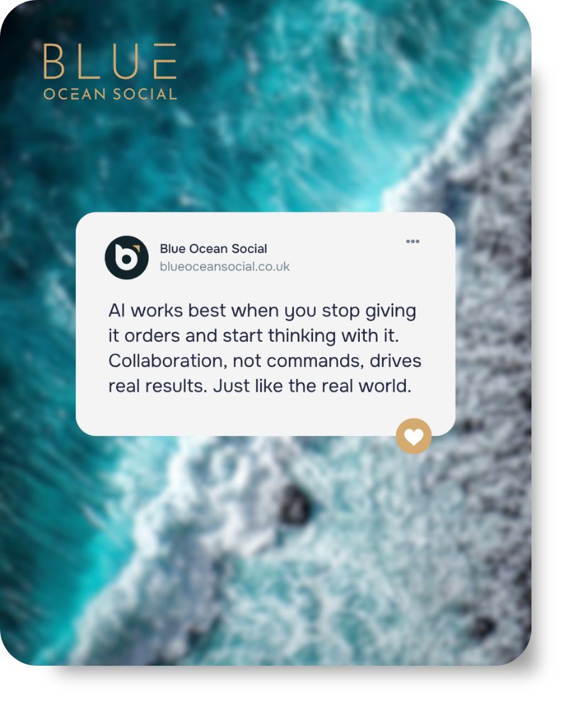 Blue Ocean Social social media post with text about AI collaboration over a blurred turquoise ocean background