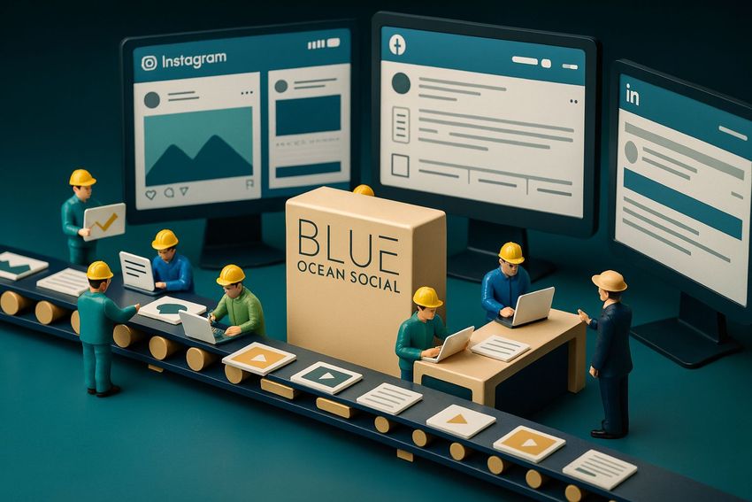 The image shows a conceptual 3D illustration of a social media content factory. It depicts miniature workers on an assembly line producing and managing content pieces that move towards large screens representing Instagram, Facebook, and LinkedIn. In the centre is a block labelled “Blue Ocean Social”, which appears to be the brand or agency managing this process. Each worker figure is performing tasks like typing on laptops, reviewing data, or managing visuals, symbolising team collaboration, automation, and streamlined digital marketing workflows. In short, it’s a visual metaphor showing how a company might efficiently create, refine, and distribute social media content across platforms using a well-organised system.