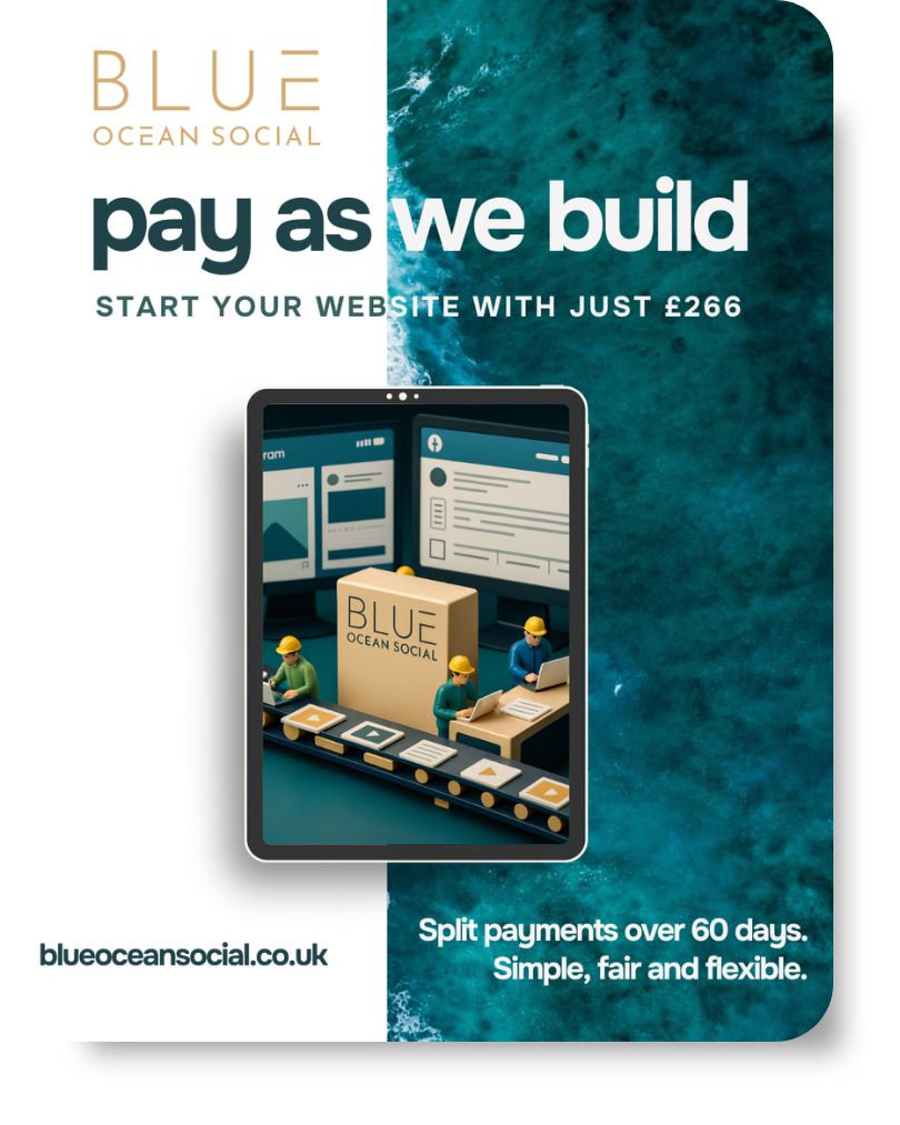 Blue Ocean Social promotional graphic featuring tablet displaying miniature workers packaging website components on conveyor belt, advertising pay-as-you-build websites starting at £266 with 60-day payment plans