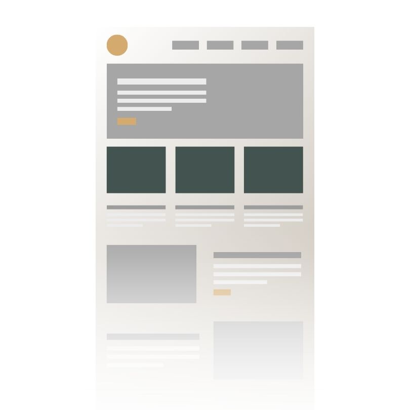 Illustration of a single-page website layout with all content stacked vertically on one scrolling page, showing hero section, feature blocks, and content areas in a continuous flow