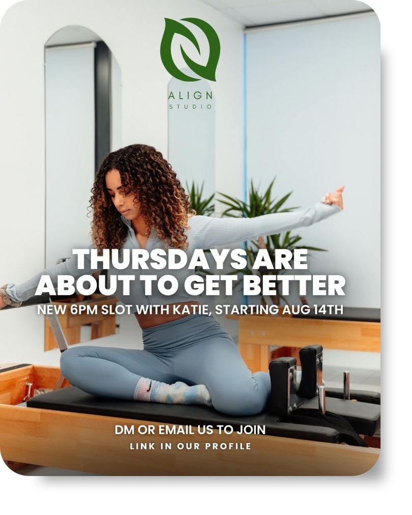 Pilates instructor demonstrating side plank position in modern studio for Align Studio's Thursday class announcement with Katie starting August 14